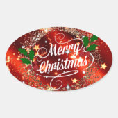 Prettig kerstfeest, sprankelend rood en goud ontwe ovale sticker (Voorkant)