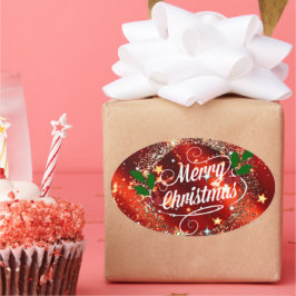 Prettig kerstfeest, sprankelend rood en goud ontwe ovale sticker