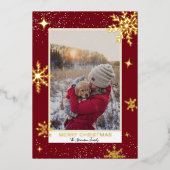 Prettig kerstfeest sterren sneeuw rood foto  folie feestdagenkaart (Voorkant)