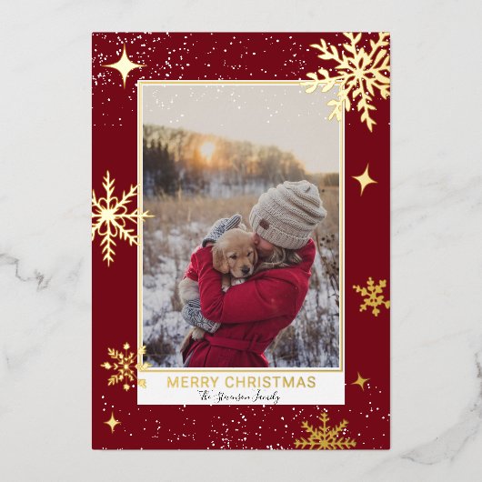 Prettig kerstfeest sterren sneeuw rood foto  folie feestdagenkaart (Voorkant)