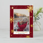 Prettig kerstfeest sterren sneeuw rood foto  folie feestdagenkaart (Staand Voorkant)