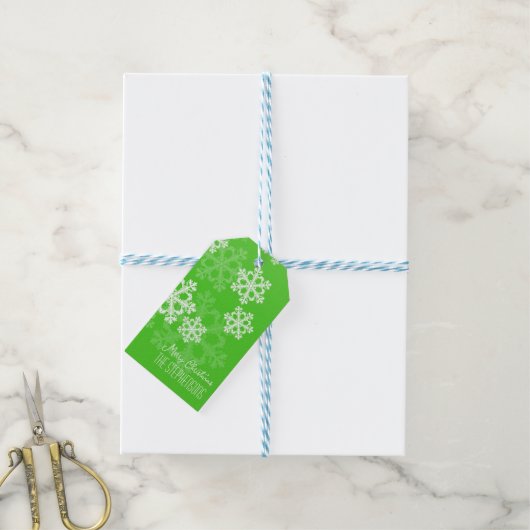 Prettig kerstfeest Stijlvolle groene sneeuwvlokken Cadeaulabel (Met Touw)