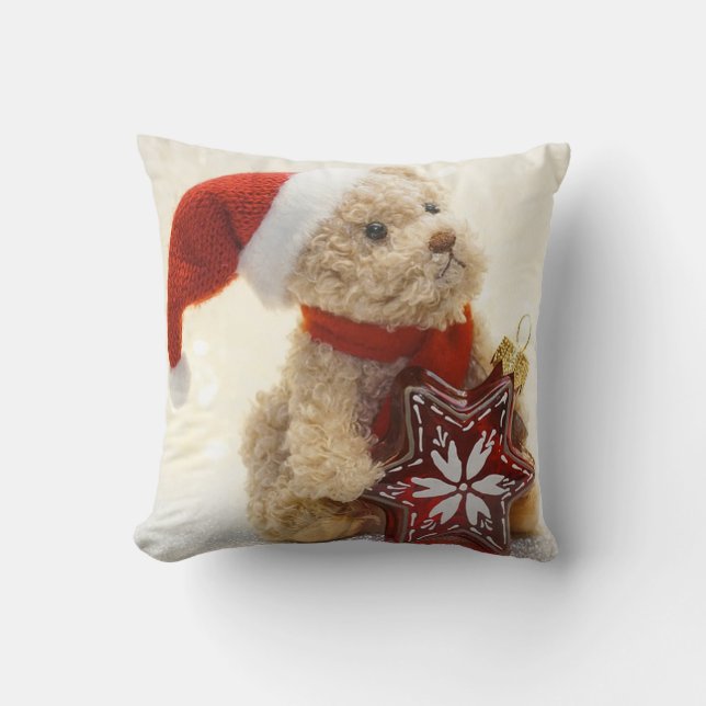 Prettig kerstfeest, teddybeer met kerstmannenhoed kussen (Voorkant)