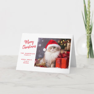 Prettig kerstfeest van de kat in een kerstmannenho feestdagen kaart