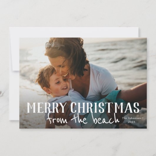 Prettig kerstfeest vanaf het strand foto kerstkaar kaart (Voorkant)