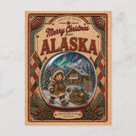 Prettig kerstfeest vanuit Alaska Vintage Sneeuwbol Feestdagenkaart