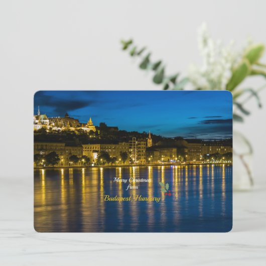 Prettig kerstfeest vanuit Boedapest, Hongarije Feestdagenkaart (Staand voorkant)