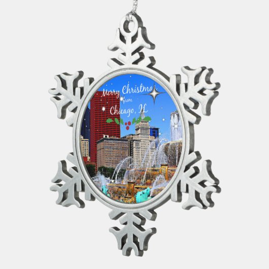 Prettig kerstfeest vanuit Chicago Tin Sneeuwvlok Ornament (Rechts)