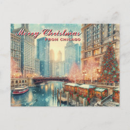 Prettig kerstfeest vanuit Chicago Vakantieansichtk Feestdagenkaart