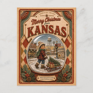 Prettig kerstfeest vanuit Kansas Vintage Sneeuwbol Feestdagenkaart