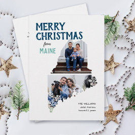 Prettig kerstfeest vanuit Maine Twee foto Feestdagenkaart