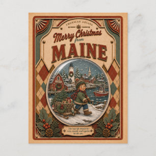 Prettig kerstfeest vanuit Maine Vintage Sneeuwbol Feestdagenkaart