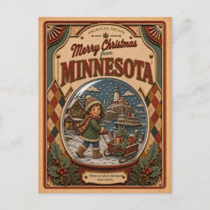 Prettig kerstfeest vanuit Minnesota Vintage Sneeuw Feestdagenkaart