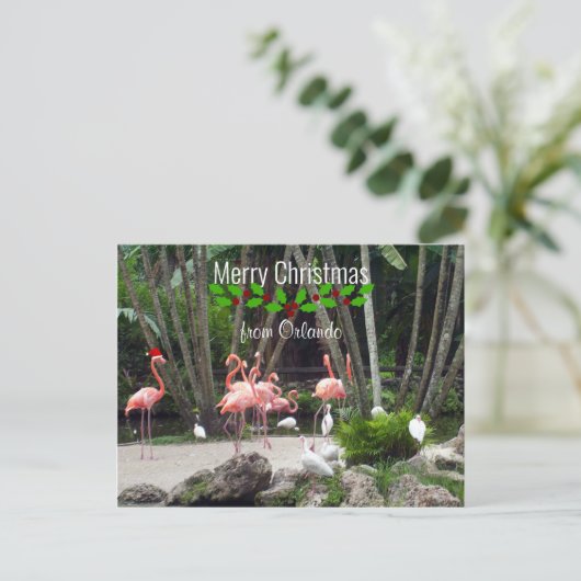 Prettig kerstfeest vanuit Orlando - Roze Flamingo' Feestdagenkaart (Staand voorkant)