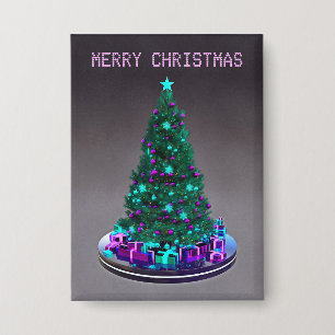 Prettig kerstfeest. Versierde boom met cadeaus Button