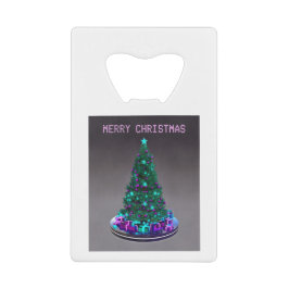 Prettig kerstfeest. Versierde boom met cadeaus Creditkaart Flessenopener
