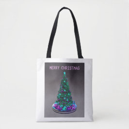 Prettig kerstfeest. Versierde boom met cadeaus Tote Bag