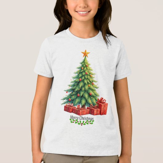 Prettig kerstfeest, versierde boom, Tri-Blend shirt (Voorkant)