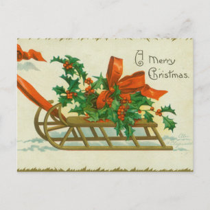 Prettig kerstfeest - vintage ansichtkaart, slee en briefkaart