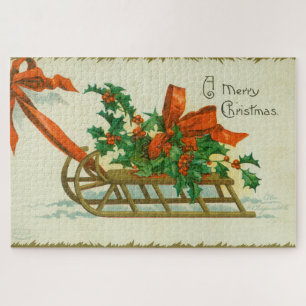 Prettig kerstfeest - vintage ansichtkaart, slee en legpuzzel