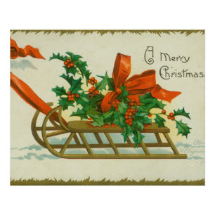 Prettig kerstfeest - vintage ansichtkaart, slee en perfect poster