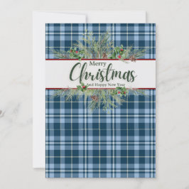 "Prettig kerstfeest" Vintage Blauwe Gingham Plaid Feestdagenkaart