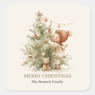 Prettig kerstfeest Vintage jongetje kerstboom Vierkante Sticker
