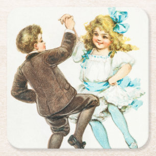 Prettig kerstfeest - vintage kaart, dansende kinde kartonnen onderzetters