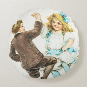 Prettig kerstfeest - vintage kaart, dansende kinde rond kussen