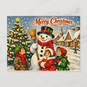 Prettig kerstfeest Vintage kinderen en sneeuwman  Feestdagenkaart