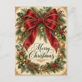 Prettig kerstfeest Vintage rode strik krans kerstk Briefkaart