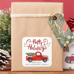 Prettig Kerstfeest Vintage Rode Truck Kerstmis Vierkante Sticker