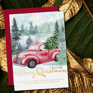 Prettig kerstfeest Vintage rode vrachtwagen in gou Folie Feestdagenkaart