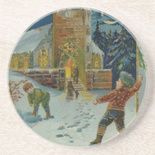 Prettig kerstfeest - Vintage sneeuwballengevecht a Zandsteen Onderzetter