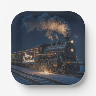 Prettig kerstfeest Vintage trein in de sneeuw Papieren Bordje