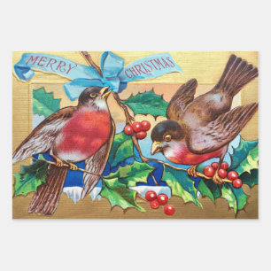 Prettig kerstfeest Vintage vogels en hulstbes Inpakpapier Vel