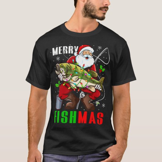 Prettig kerstfeest Vis Grappige kerstman houd vis T-shirt (Voorkant)
