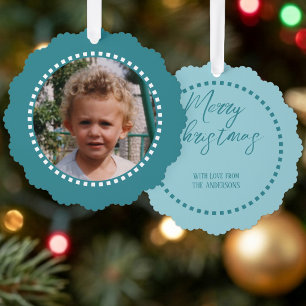 Prettig kerstfeest voeg foto familienaam blauw ornament kaart