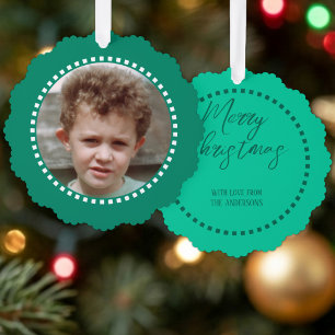 Prettig kerstfeest voeg foto familienaam groen ornament kaart