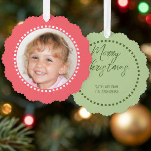 Prettig kerstfeest voeg foto familienaam roze ornament kaart