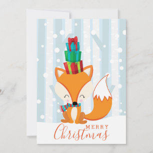 Prettig kerstfeest vos presenteert houtachtig cart feestdagenkaart