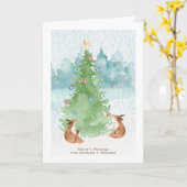 Prettig kerstfeest vosfamilie met boom aquarel kaart (Gele Bloem)
