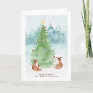 Prettig kerstfeest vosfamilie met boom waterverf kaart