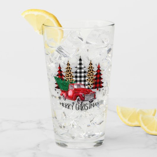 Prettig kerstfeest vrachtwagen en bomen glas (Voorkant ijs)