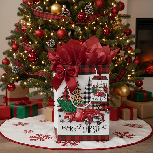 Prettig kerstfeest vrachtwagen en bomen medium cadeauzakje