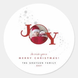 Prettig kerstfeest vreugde foto vakantie ronde sticker