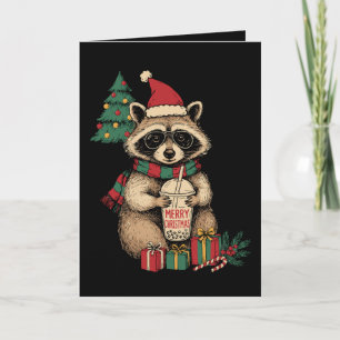 Prettig kerstfeest Wasbeer Boba-thee Kerstman Hoed Kaart