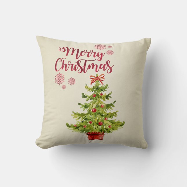 Prettig kerstfeest, watercolor kerstboom kussen (Voorkant)
