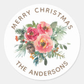 Prettig kerstfeest | Waterverf Bloemige Winter Vak Ronde Sticker (Voorkant)