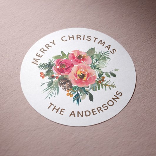 Prettig kerstfeest | Waterverf Bloemrijke Winter V Ronde Sticker